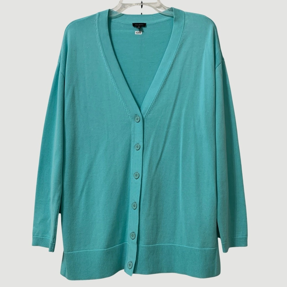 Talbots Cardigan Sweater Women M Turquoise Long Sleeve V-Neck Button Front Knit